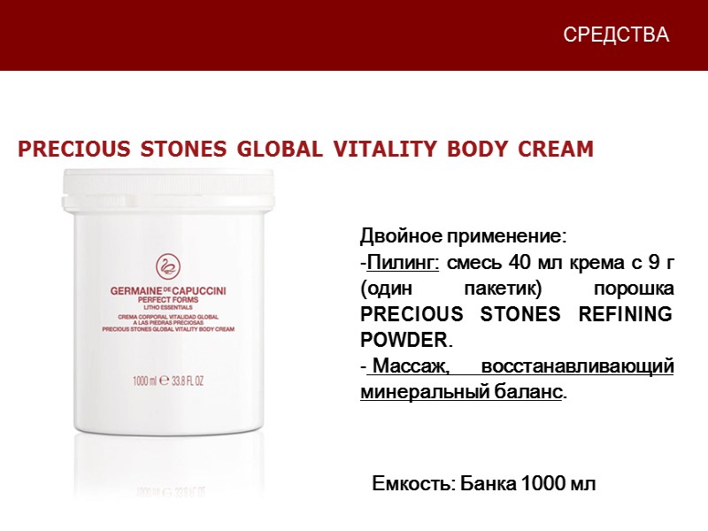 СРЕДСТВА PRECIOUS STONES GLOBAL VITALITY BODY CREAM Двойное применение: Пилинг: смесь 40 мл крема
